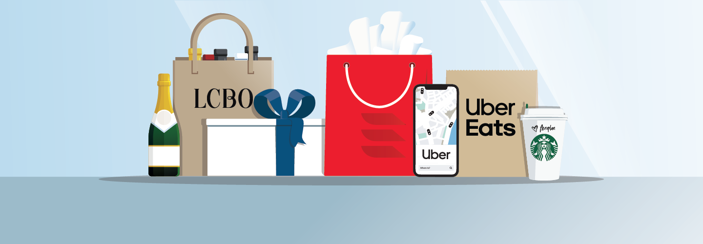 Blue background with champagne bottle, shopping bags, a gift box with blue ribbon, red gift bag, cellphone and coffee cup